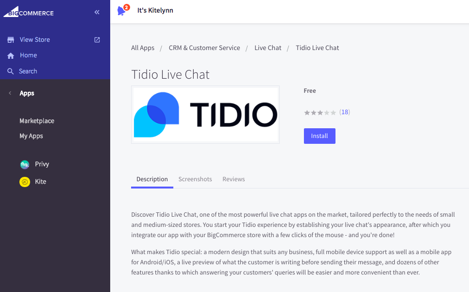 Adding Tidio in BigCommerce, step 2