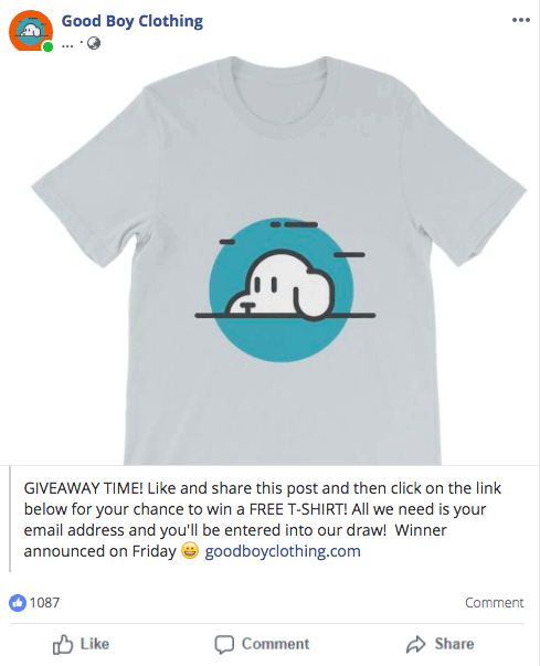 Giveaway post on FB for a t-shirt