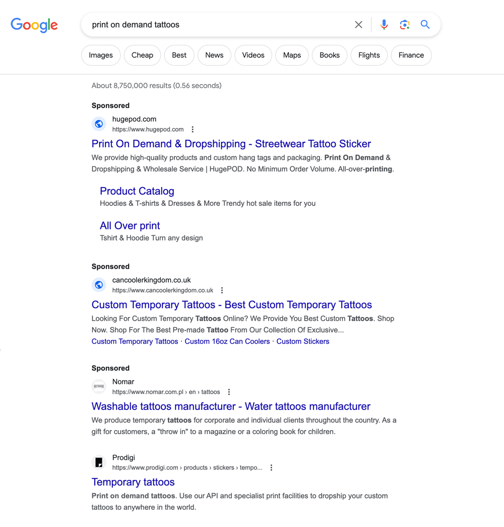 A SERP for the phrase 'print on demand tattoos'