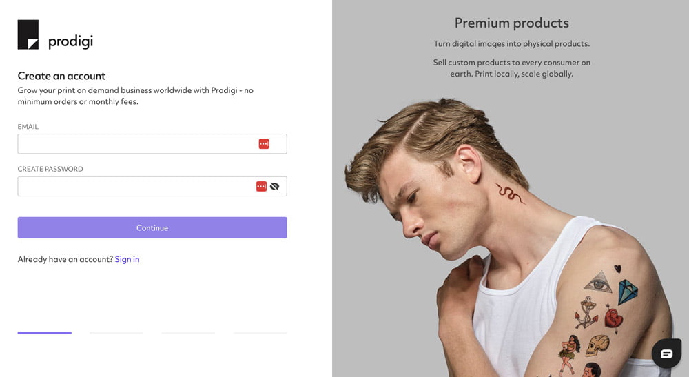 Prodigi dashboard account registration