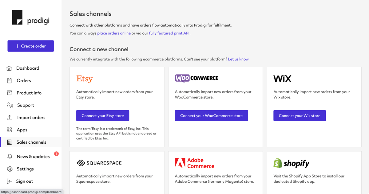 Prodigi sales channel management console