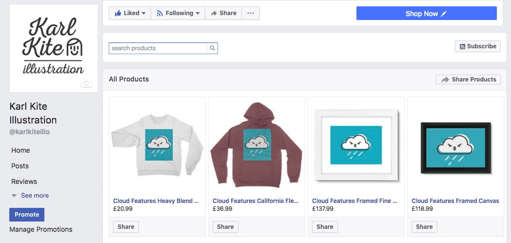 Products in a Facebook store