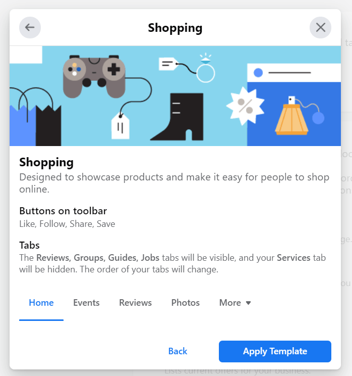 Shopping template on Facebook