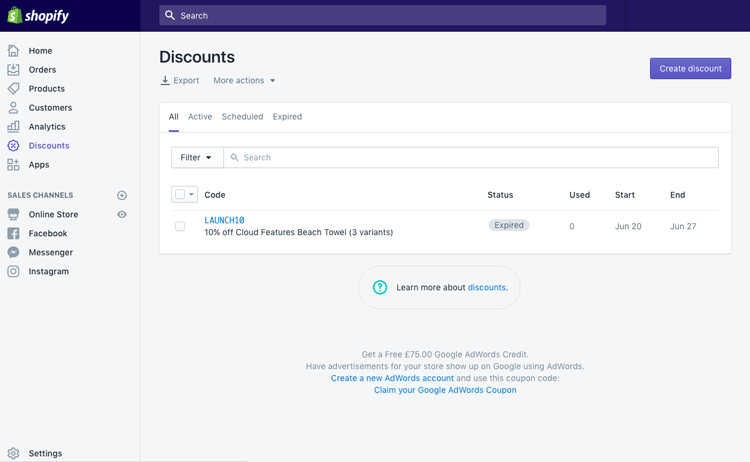 Shopify discount code admin