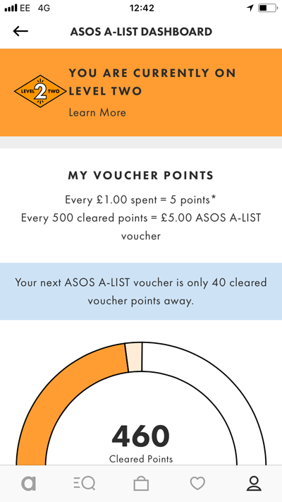 The ASOS A-List dashboard: voucher points