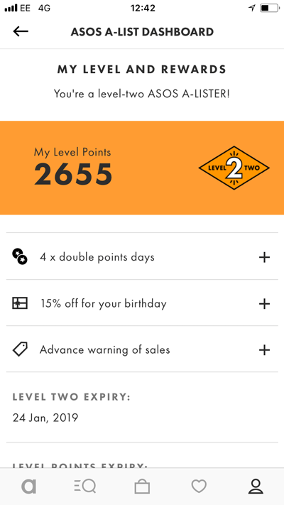 The ASOS A-List dashboard: rewards