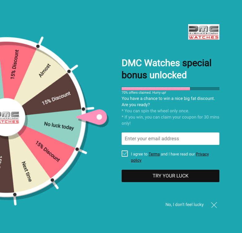 Spin to win prompt on DMC Watches