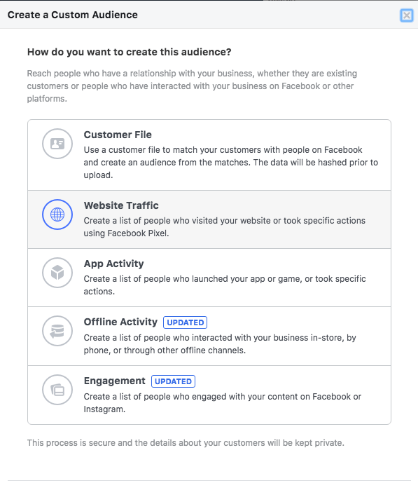 Facebook: Create a custom audience, step 1