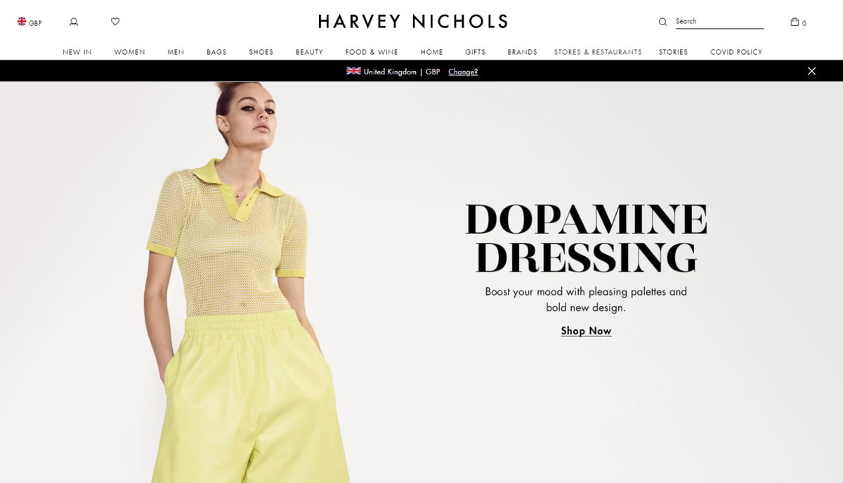Harvey Nichols homepage with summer colours