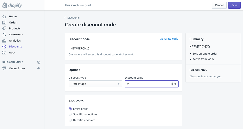 Creating a discount on a Shopify store