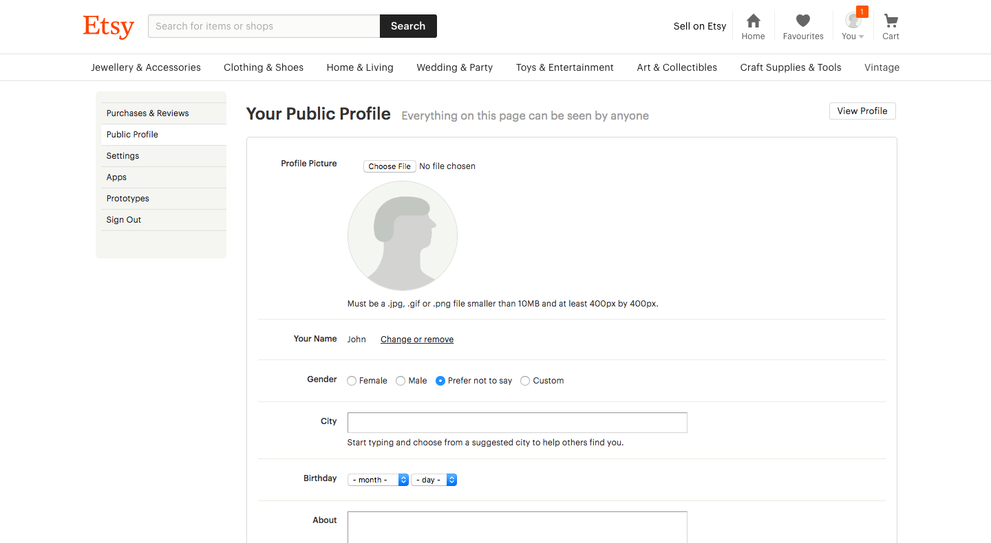 Etsy profile creation, step 2