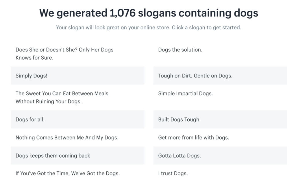 Shopify’s Free slogan maker results