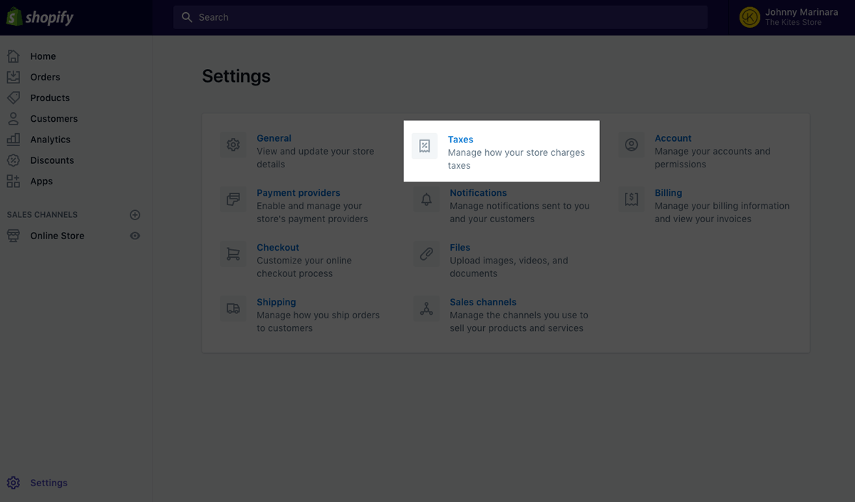 Shopify tax settings: link