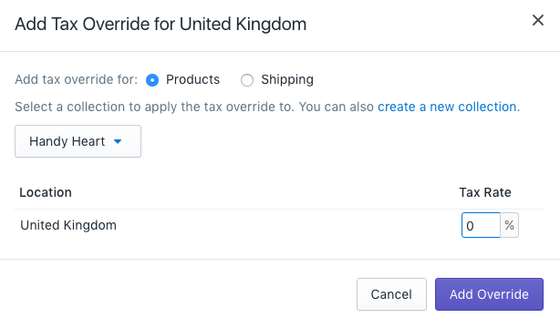 Shopify tax settings: overrides
